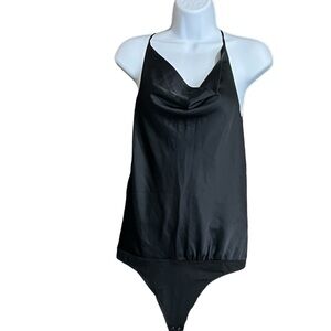 Abercrombie & Fitch Satin Cowl neck TBack thong bodysuit Womens Medium NWT Black